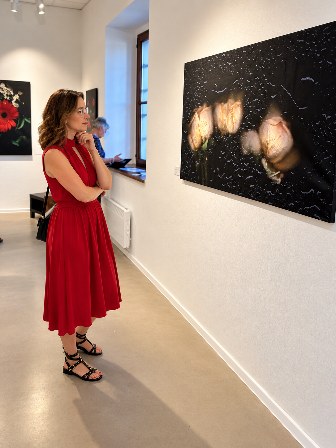 Žena obdivující květinový obraz v galerii